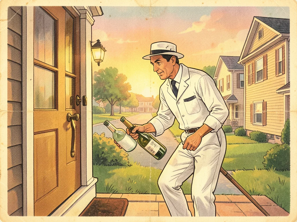 A milkman delivering bottles to a doorstep at dawn, his white uniform crisp, a s