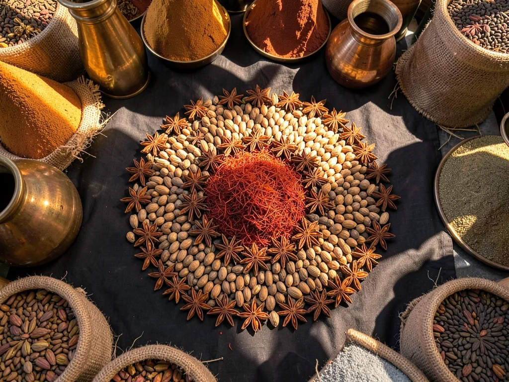 Whole Spices in Concentric Circles on Linen