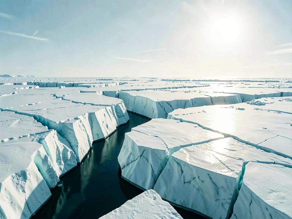 Open dark cyan leads carve through a vast sea-ice field, the geometry sharp unde