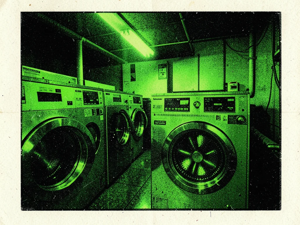 Street-level view of a laundromat at night in fluorescent green and black, washe