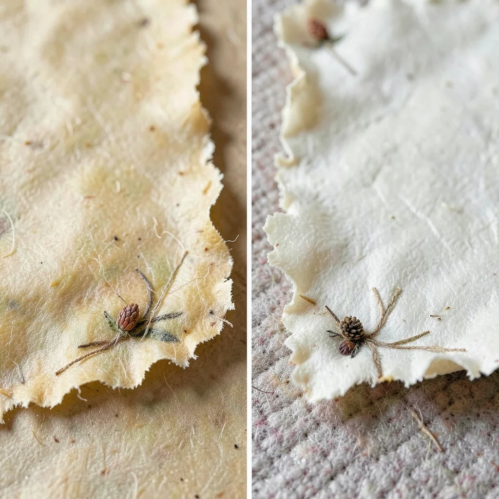 A close-up of two handmade paper sheets side by side — colour and texture compar