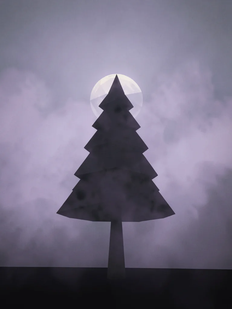 Lone triangular pine tree silhouetted against a pale violet fog wall with a fain