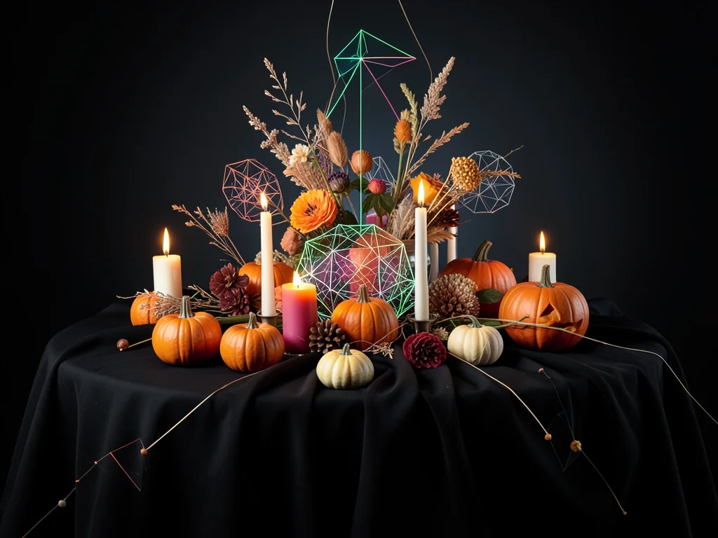 Halloween table centerpiece with mini pumpkins, candles, dried flowers, black cl