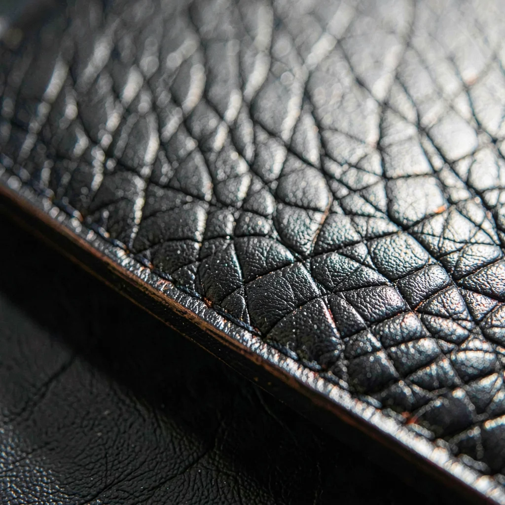 Tight macro of full-grain calfskin across a wallet edge, raking sidelight reveal
