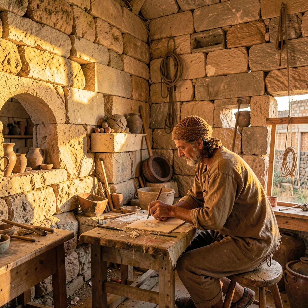 Old Jaffa time-layered, ancient port stone warmth, Artist working in stone studi