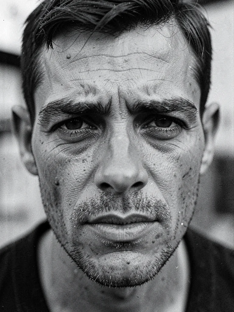 Close-up of a face — deep orbital shadows from hunger, meeting the camera withou