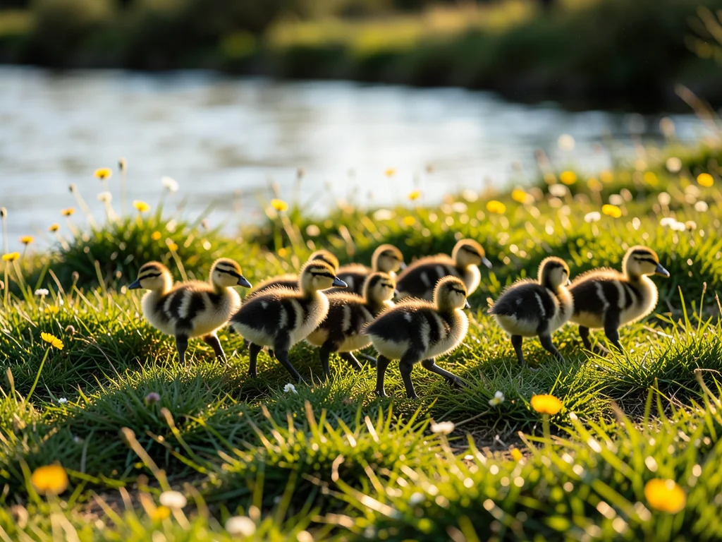 A row of fuzzy goslings following their mother across a grassy riverbank dotted 