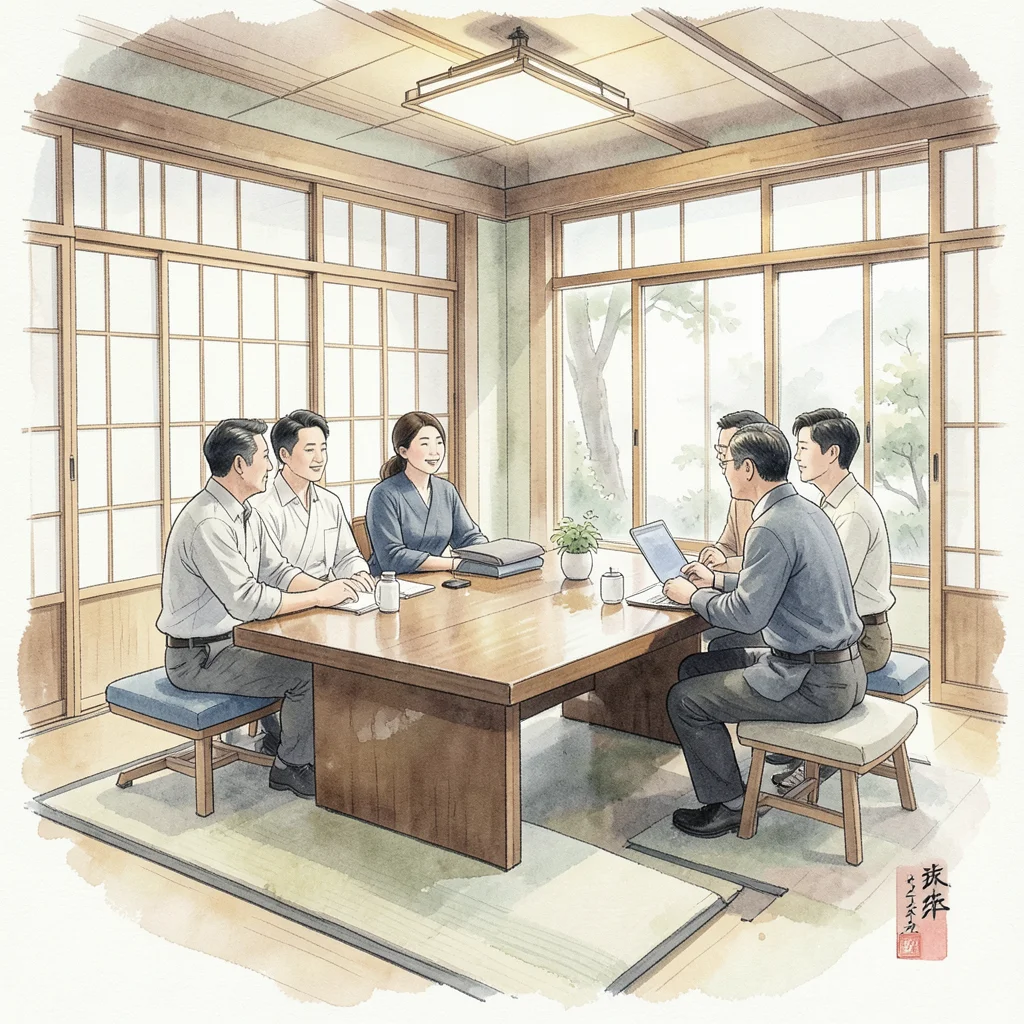 A team meeting in a bright room with shoji screen dividers and low modern furnit
