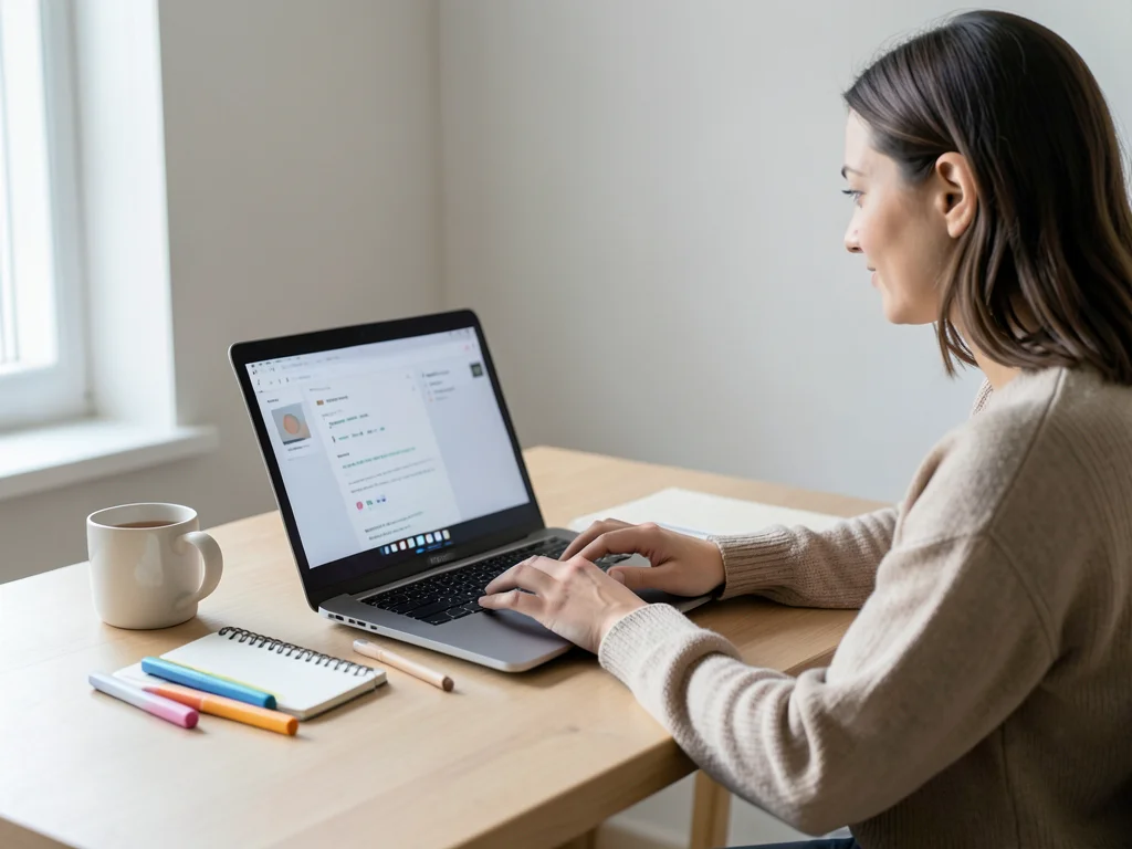 Person taking an online course on laptop with notebook and highlighters, home de