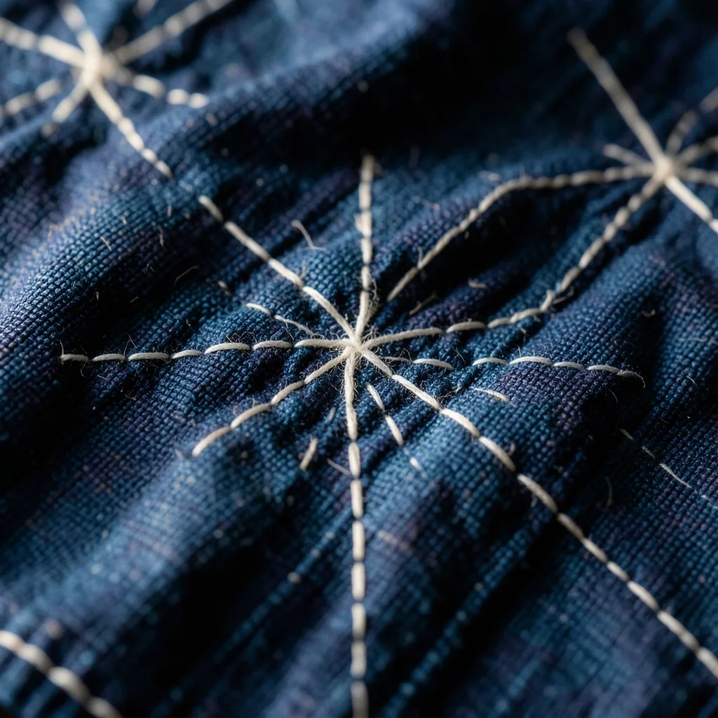 Close-up of Japanese sashiko stitching on indigo-dyed cotton, the white running 