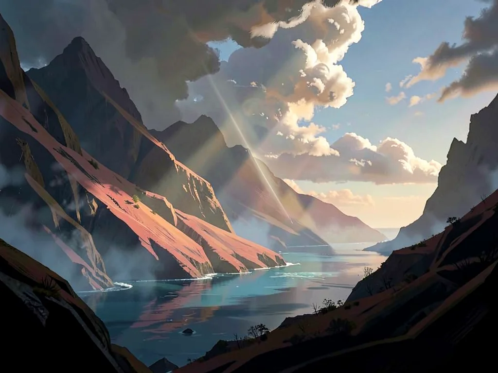 Misty fjord interior with parting clouds and a single beam onto distant water, w