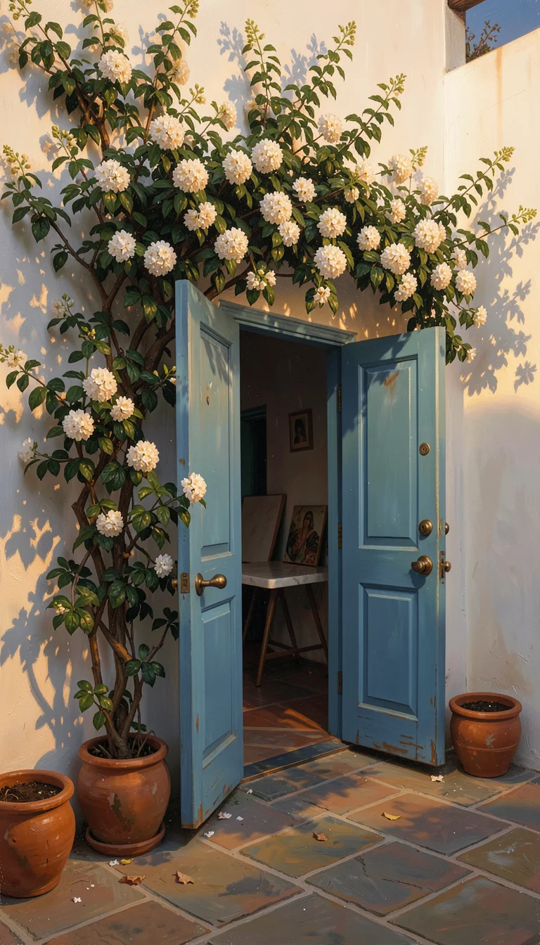 Oil painting on wood panel, luminous and intimate, Tunisian Mediterranean settin