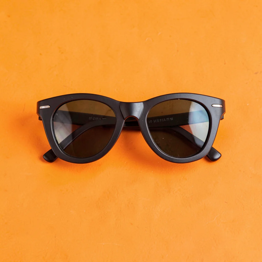 single pair of foldable polarised sunglasses closed flat top-down on a saturated
