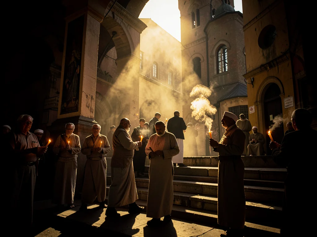 Dramatic light through darkness in Addis Ababa, Ethiopia, Pilgrims ascending chu