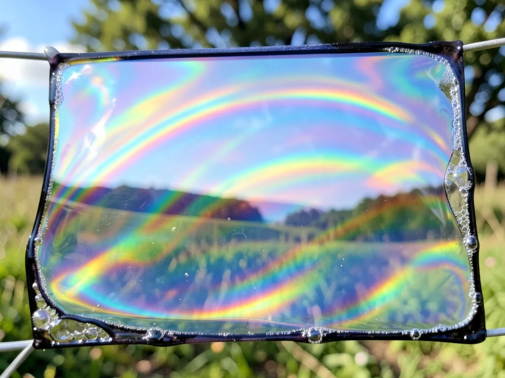 Giant soap film on rectangular frame catching outdoor light, landscape visible t