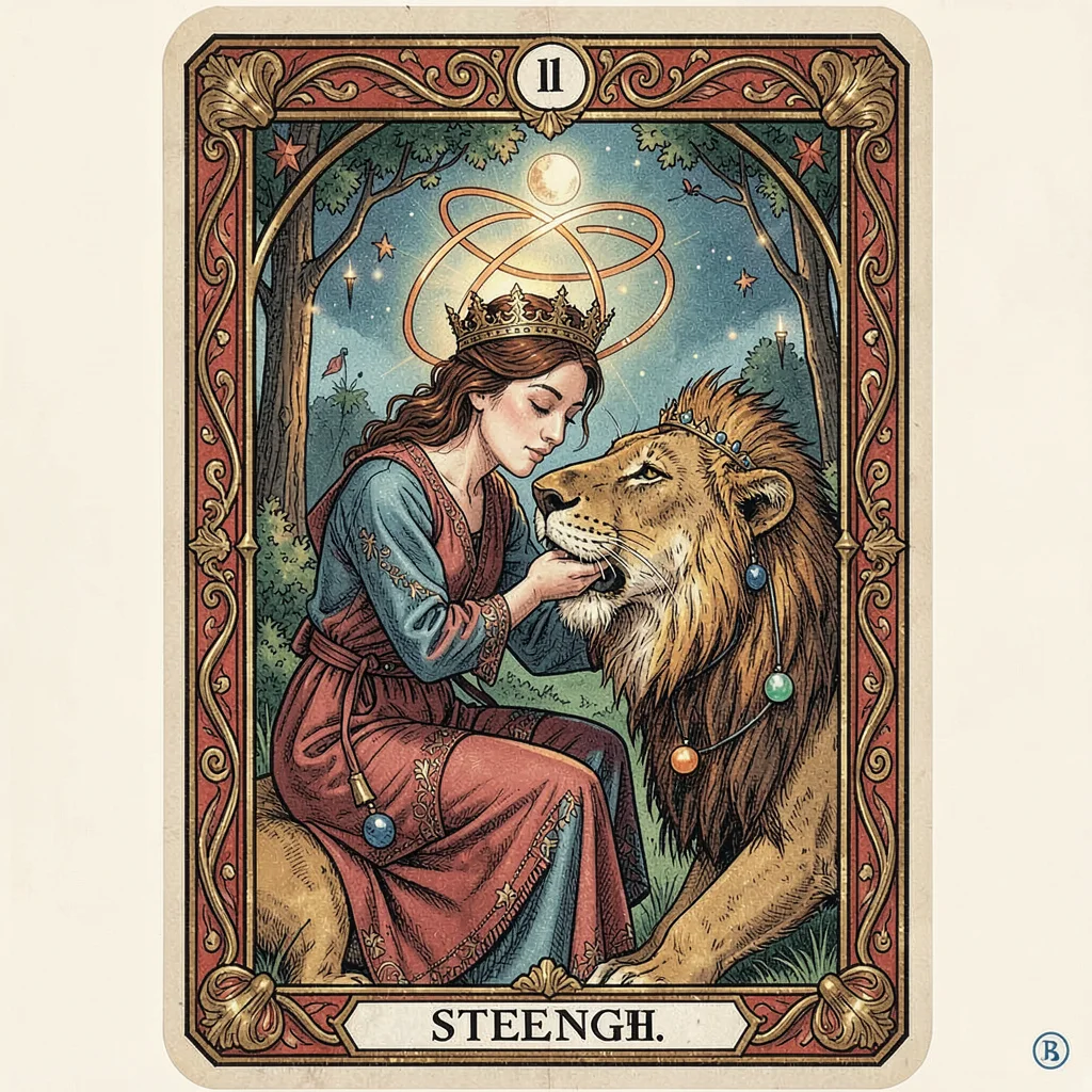 Tarot card illustration, Strength gently closing lion's mouth, infinity crown , 