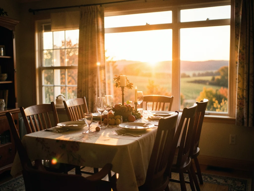 Autumn sunset through dining room window, table set for thanksgiving, warm glow