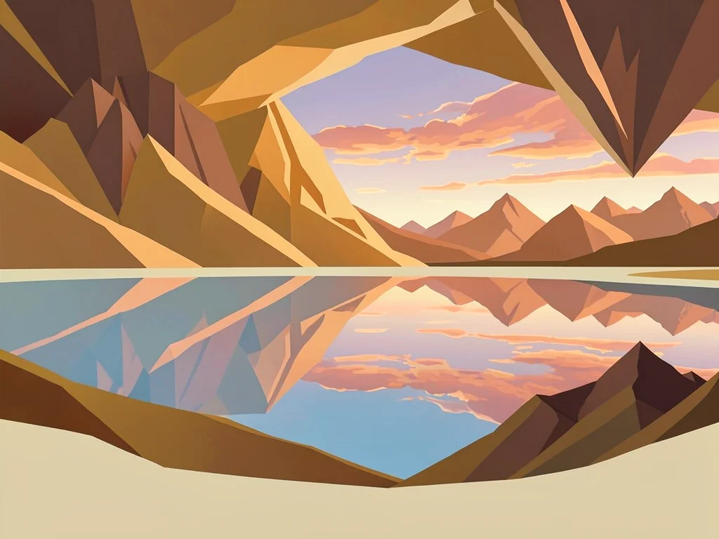 Copper sky reflects off a still highland lake in a cream salt basin, ochre peaks