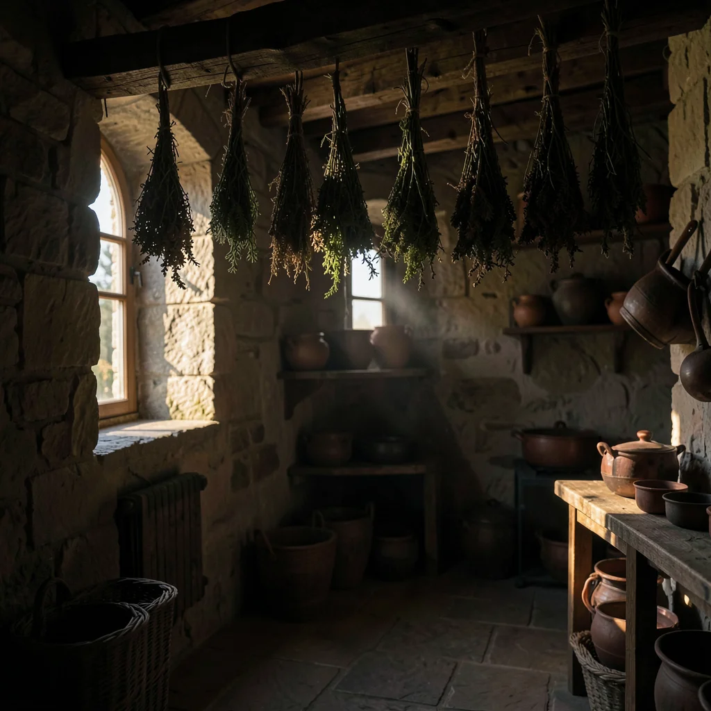 Dramatic natural light streaming through stone openings, deep chiaroscuro shadow