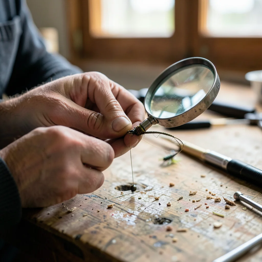 Close-up of hands tying fly fishing lure, workbench, magnifying glass