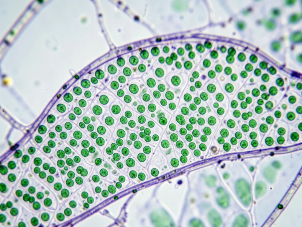 Leaf cross-section showing palisade and spongy mesophyll, chloroplasts as green 