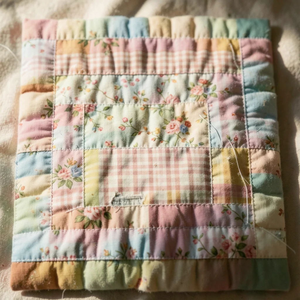 A vintage quilt square showing a log cabin pattern, concentric rectangles of dif