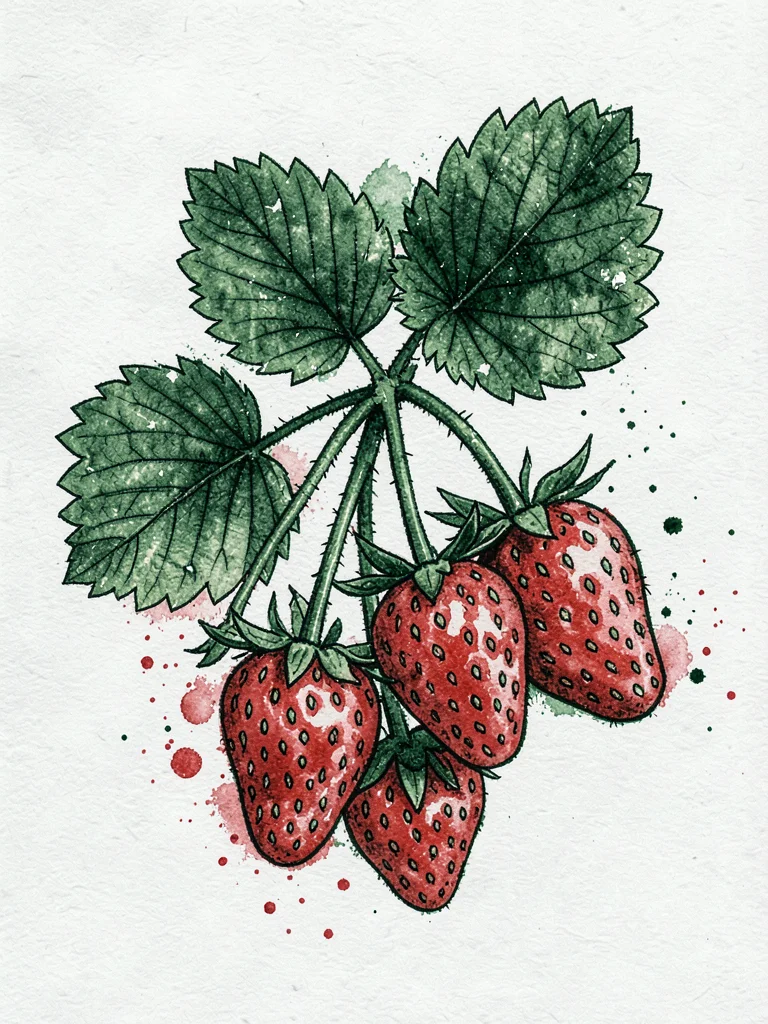A cluster of wild strawberries with leaves and runners, in red and forest green