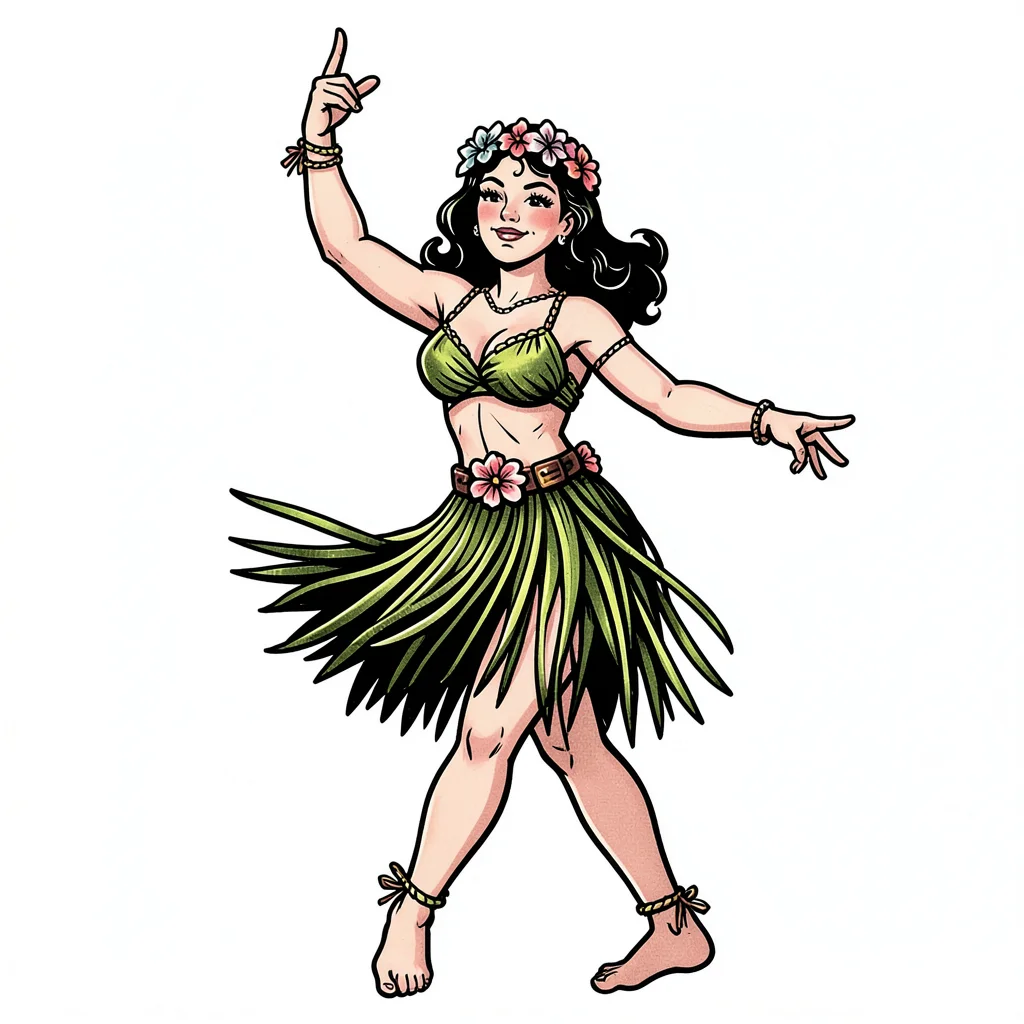 Traditional tattoo flash illustration, Hula dancer girl in grass skirt , bold bl