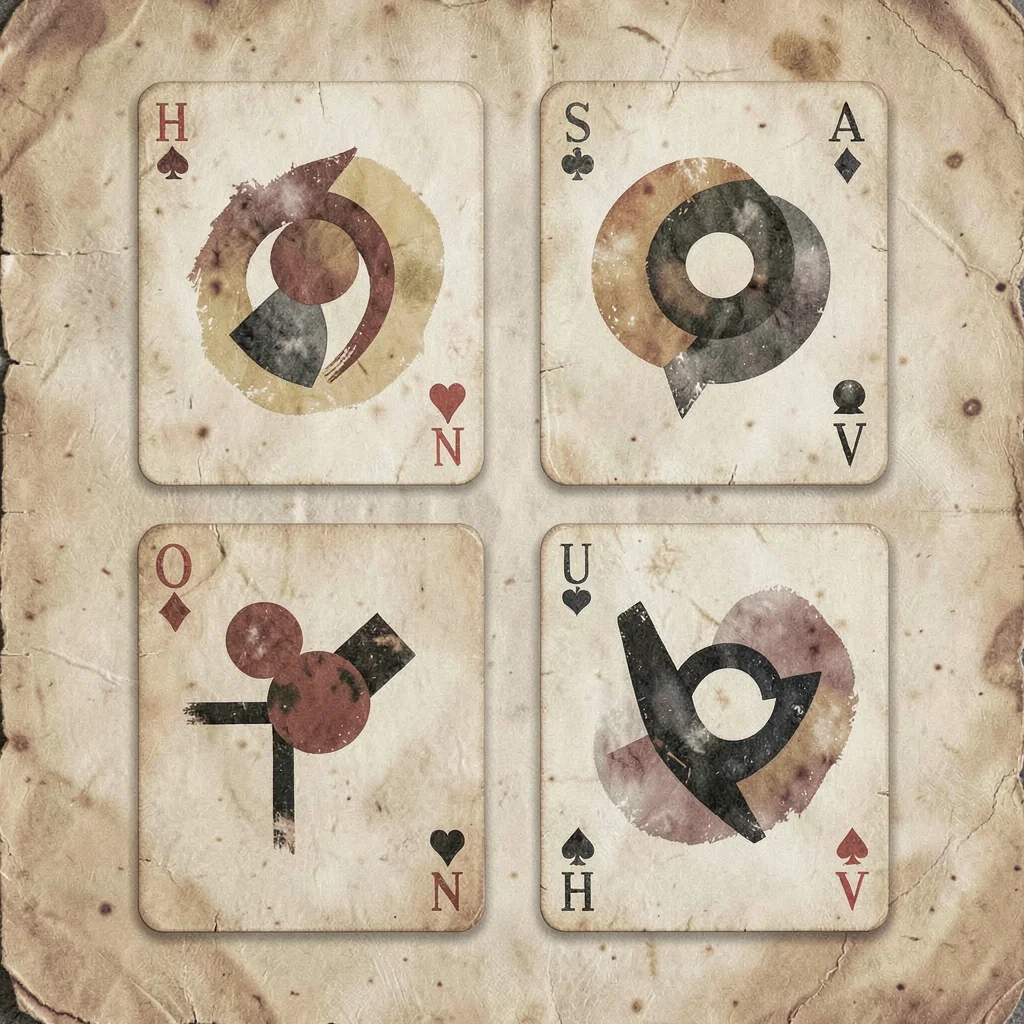 A card-deck minor-arcana grid of four abstract suit cards arranged 2x2 on dusty 
