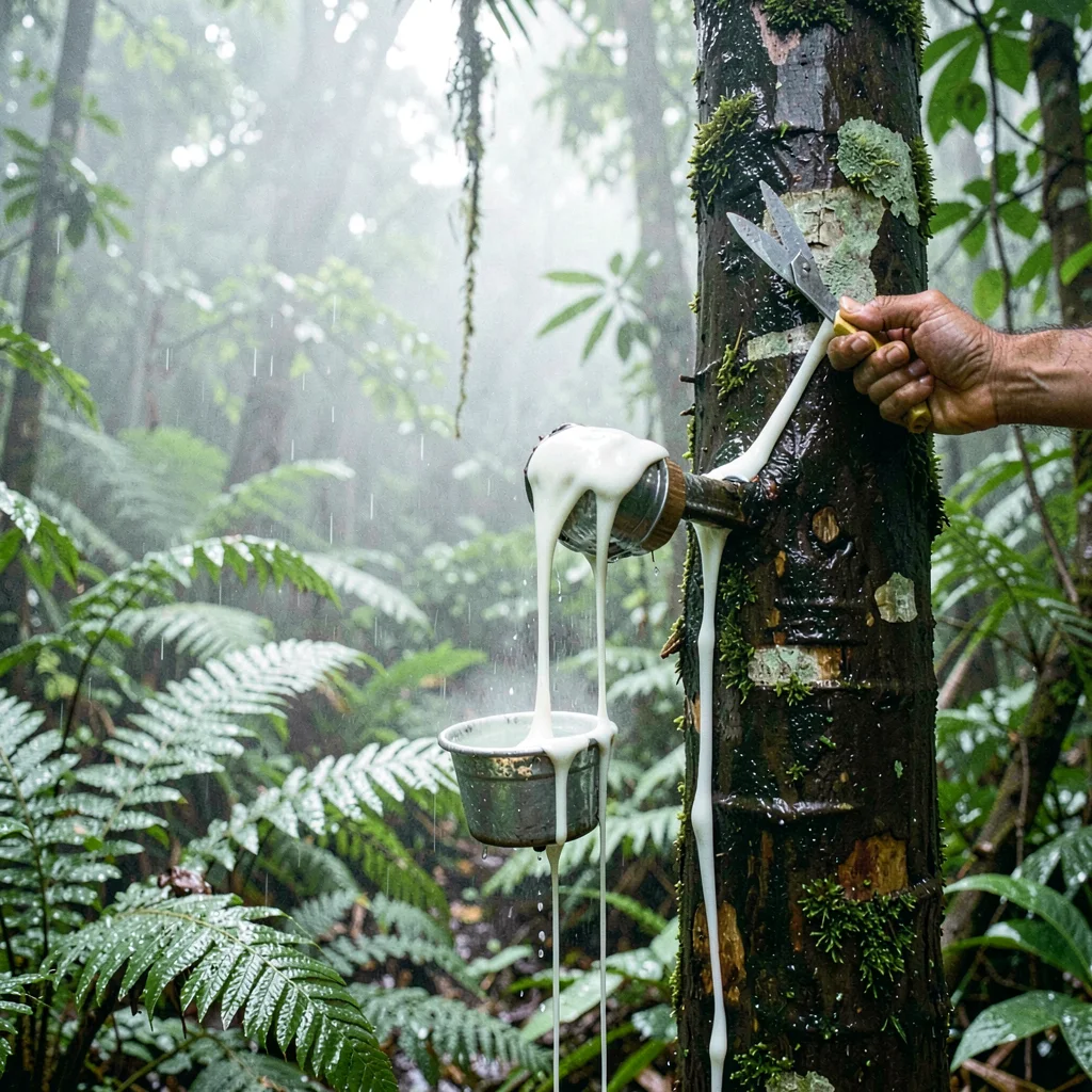 Tropical rainforest photograph, humid jungle atmosphere, Rubber being tapped fro