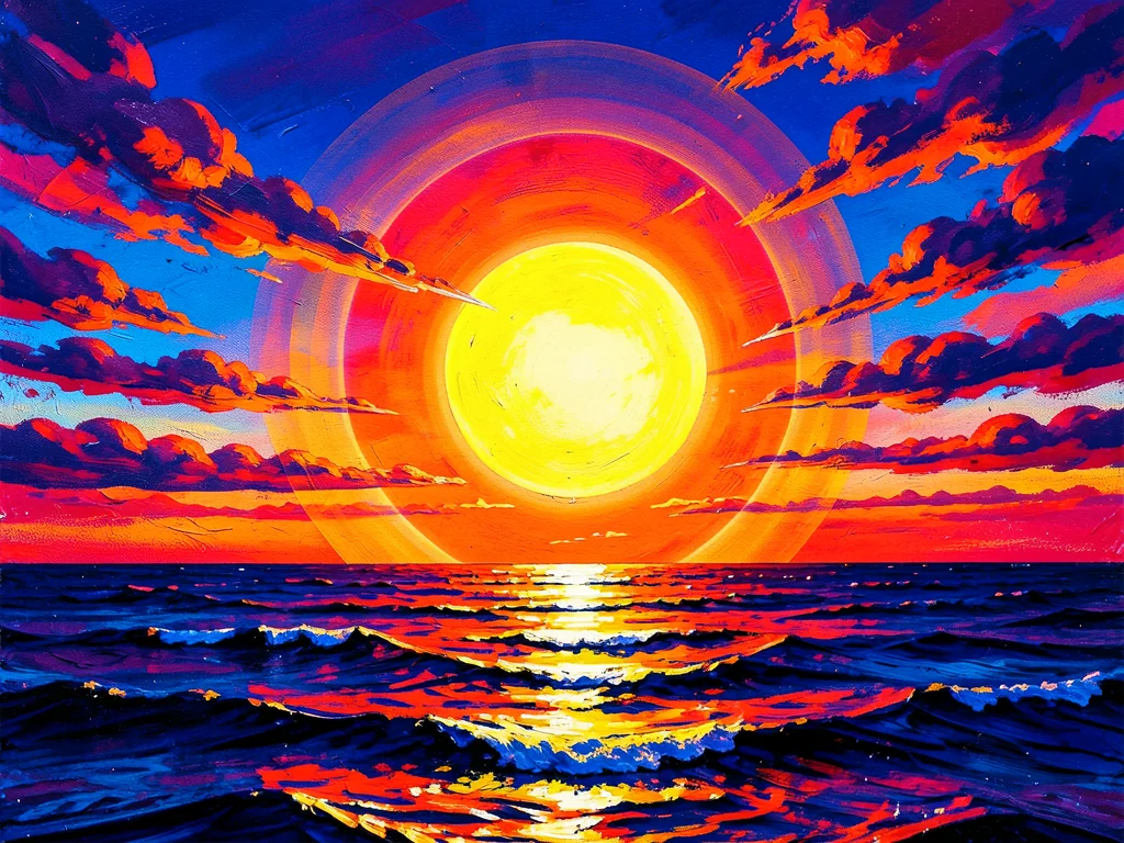 Sunset over ocean with compression artifact halos around sun, jpeg artifact aest