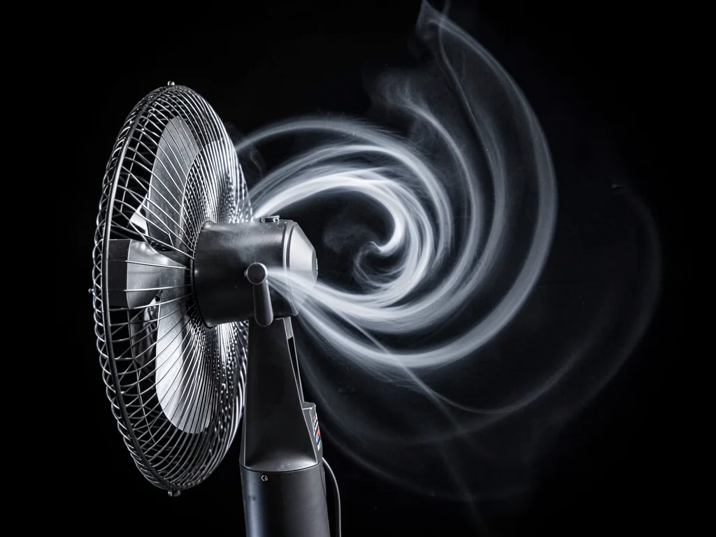 Air flowing through fan showing spiral wake pattern