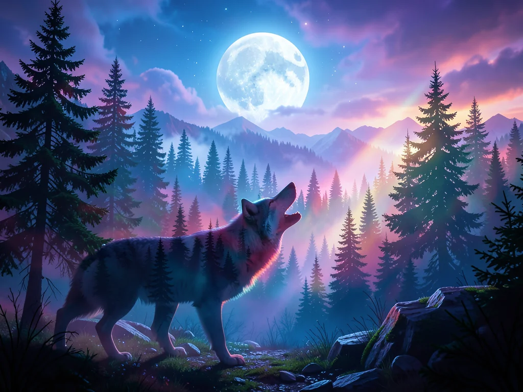 Wolf howling silhouette containing dense pine forest and moonlight, double expos