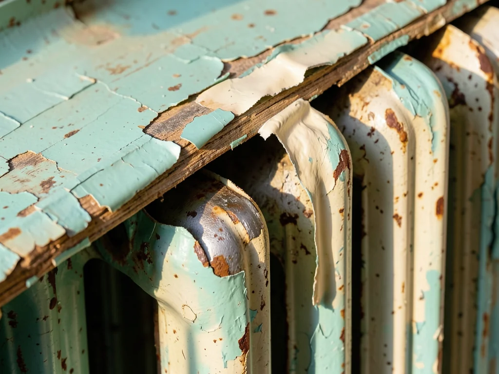 Cast iron radiator paint, thick accumulation of many coats creating rounded-over