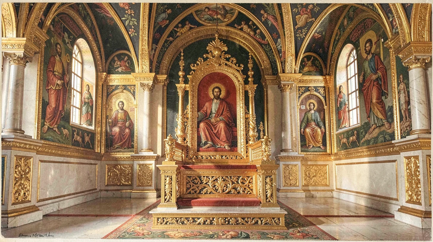 Egg tempera illustration, gilded throne room , yolk-bound pigment, gold leaf acc
