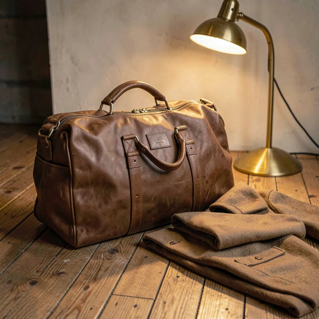 Atelier-warm shot of a duffel bag on a wood plank floor with a folded camel coat
