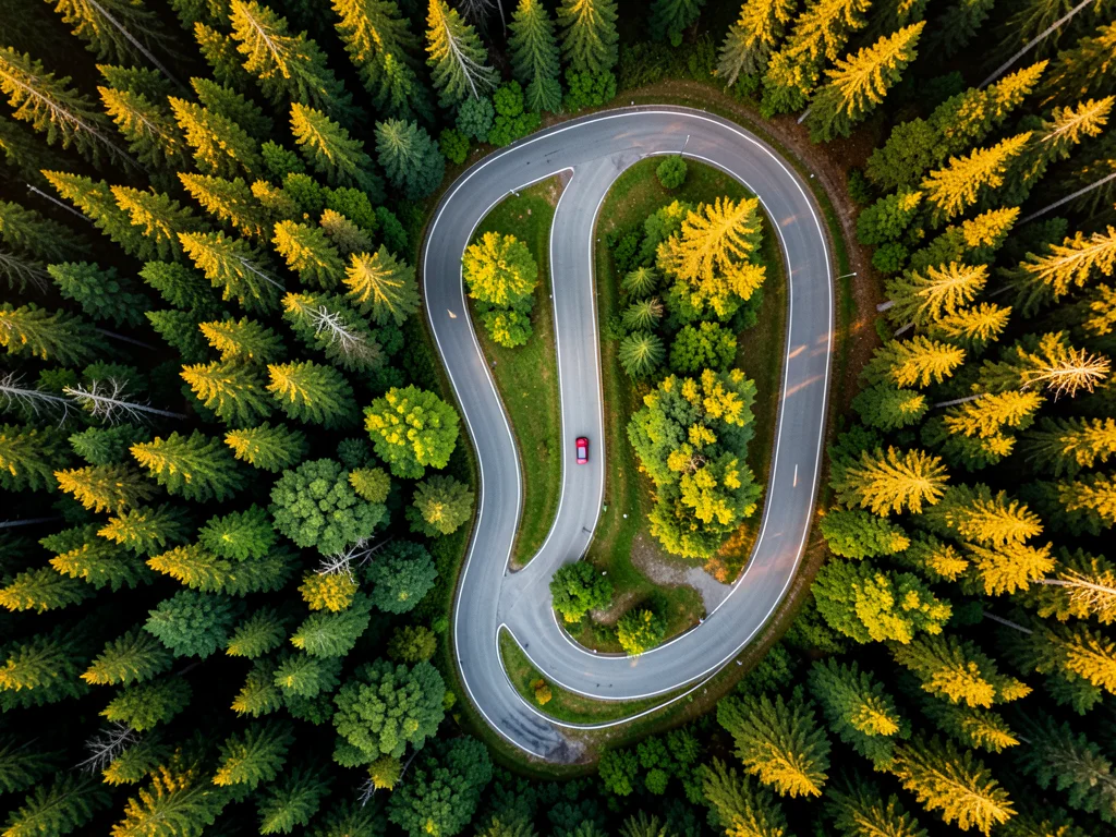 A winding mountain road with switchbacks, a single red car on the grey asphalt, 