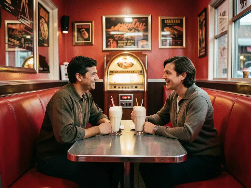 A diner interior in red and chrome, two people in a booth, milkshakes between th