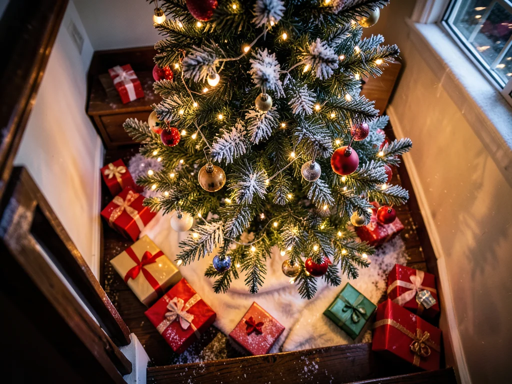 Staircase view looking down at lit tree and presents, Christmas morning