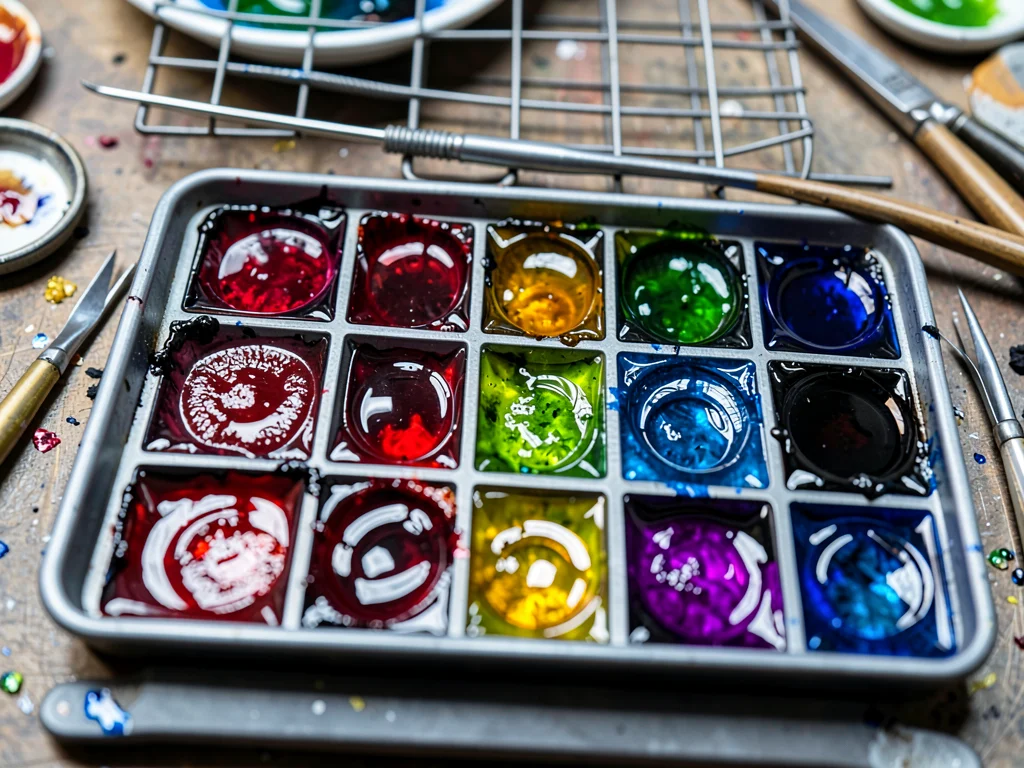 Detail of workshop tray — filled enamel cells at various firing stages, wire too