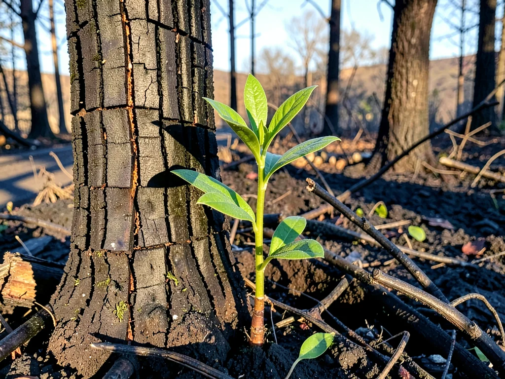 Charred trunk with bright green sprout emerging at base