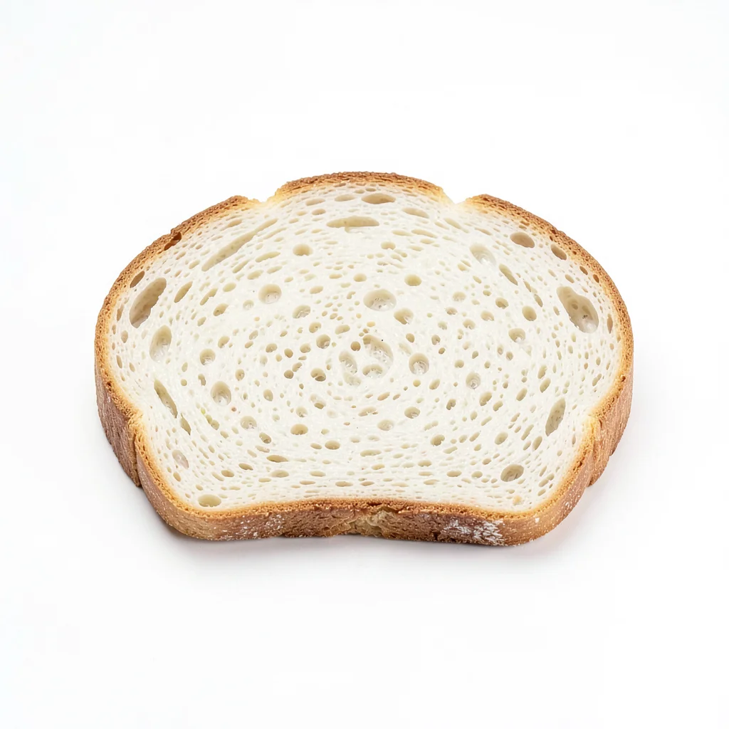 Single slice of white bread on white background, studio lit to emphasize every p