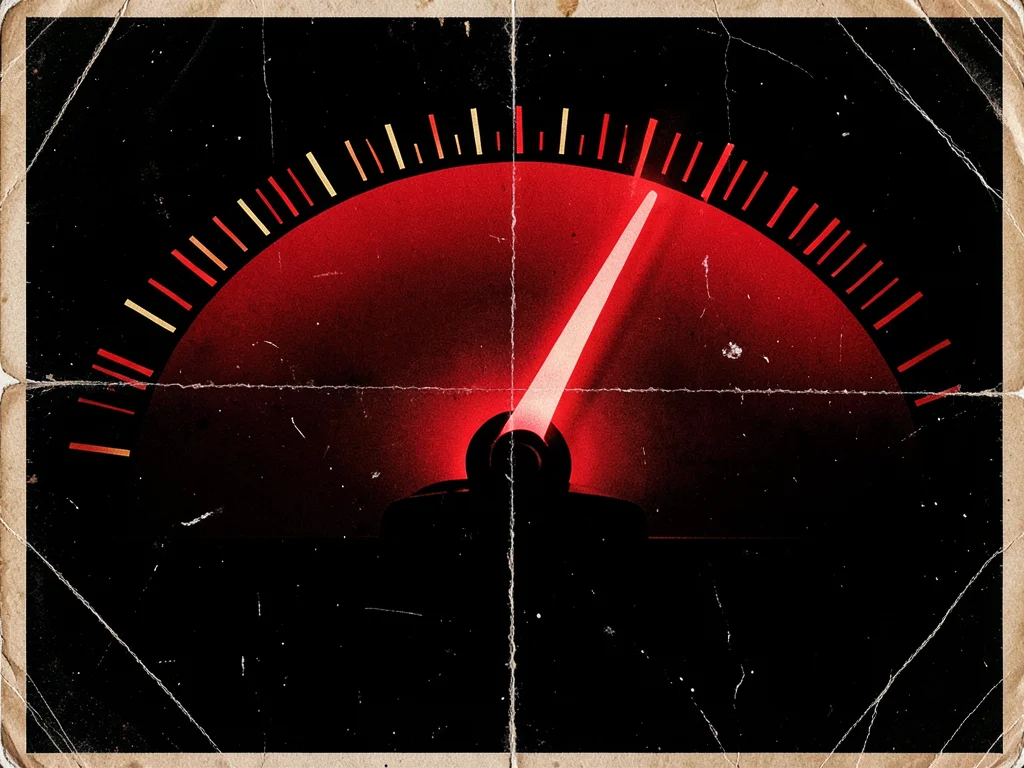 VU meter needle swinging into the red zone, backlit scale markings