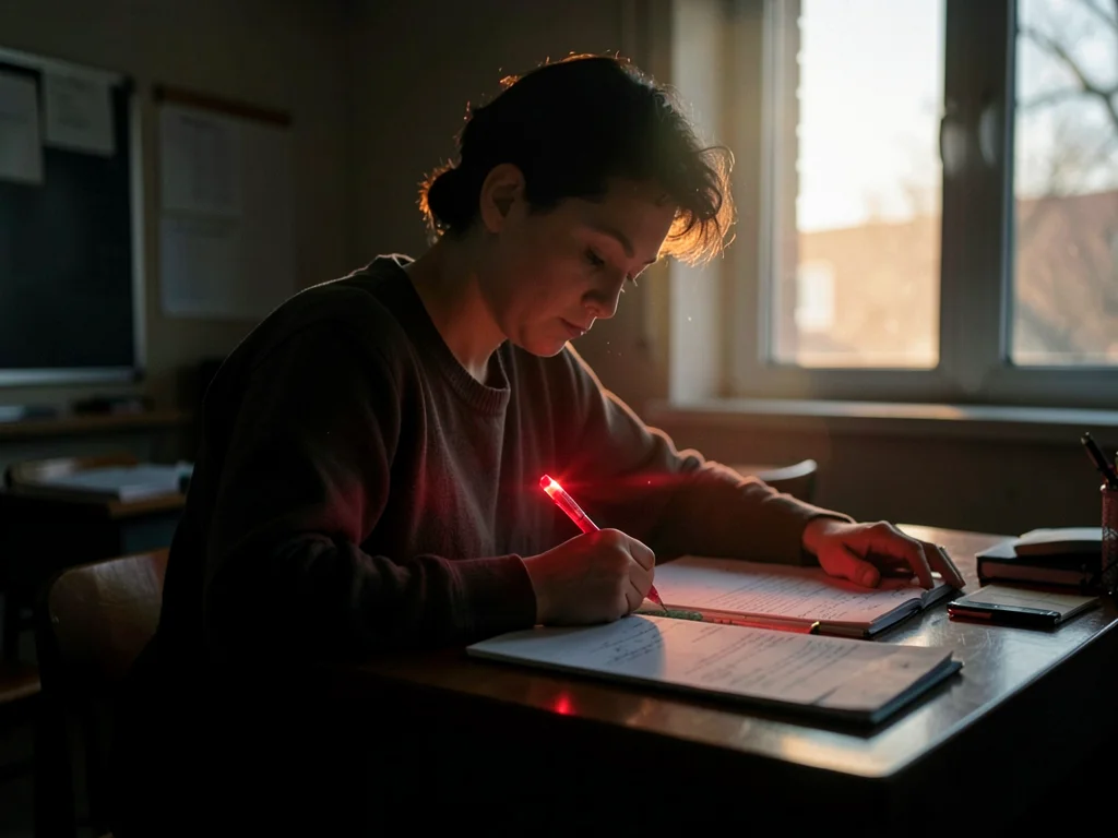 Teacher grading papers after hours, rim light from window, classroom dark, red p