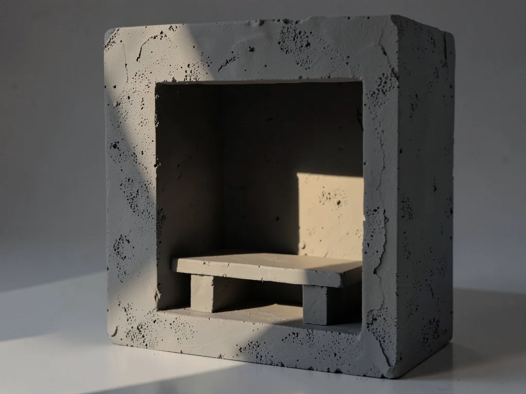 Brutalist library cube with bush-hammered clay walls and one massive square aper