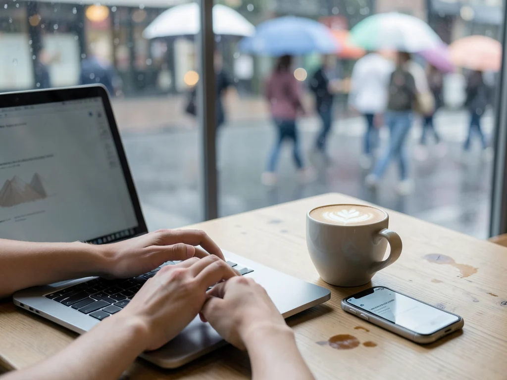 A person's hands typing on a laptop in a café, the laptop taking up the bottom t