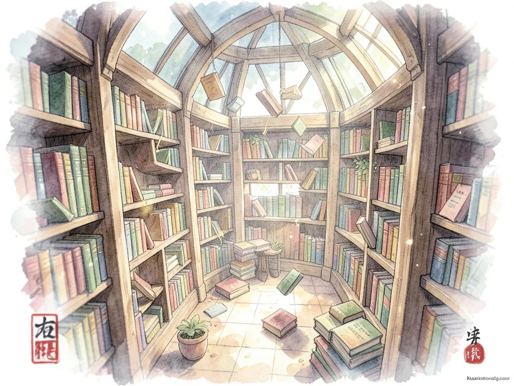 Enchanted library with floating books, tilt-shift miniature feel