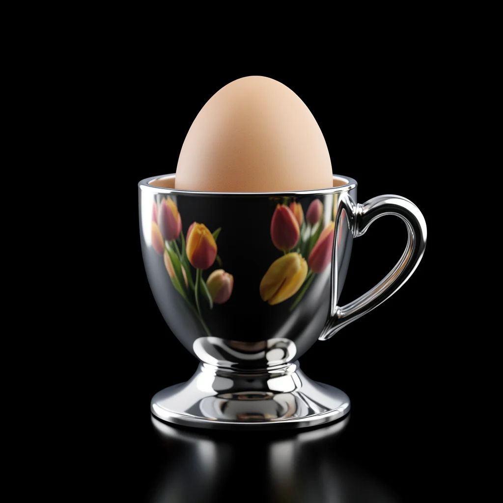 A chrome-plated egg cup holding a single perfect egg, the liquid metal surface r
