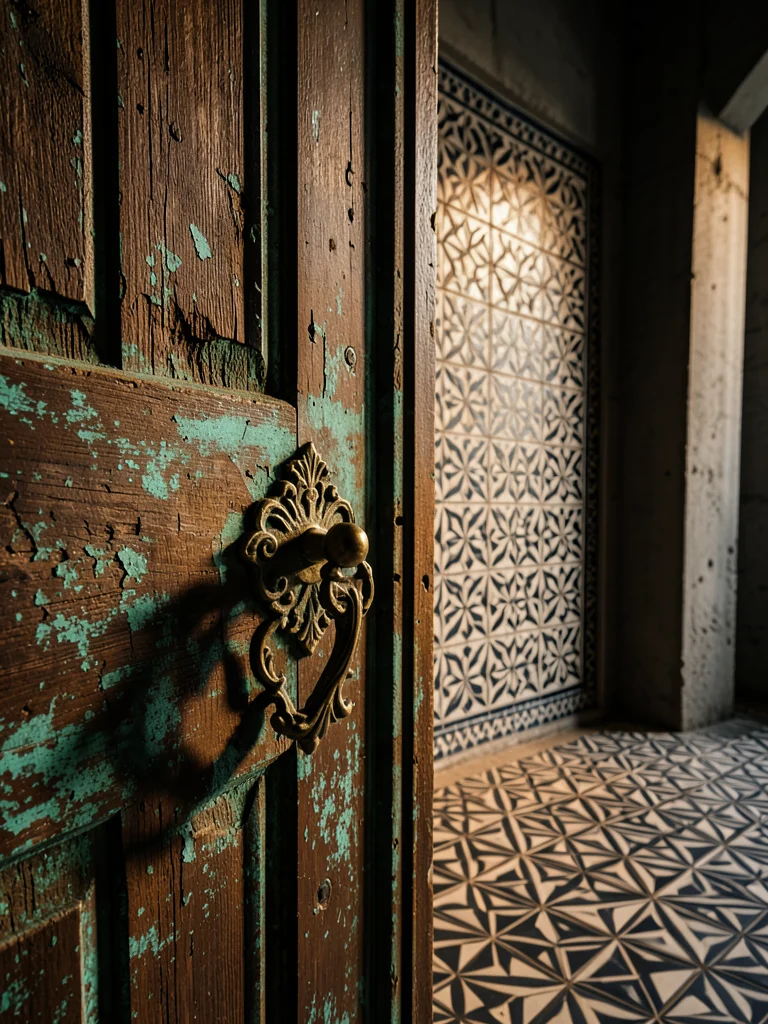 Ornate brass door handle on weathered wooden door, verdigris patina