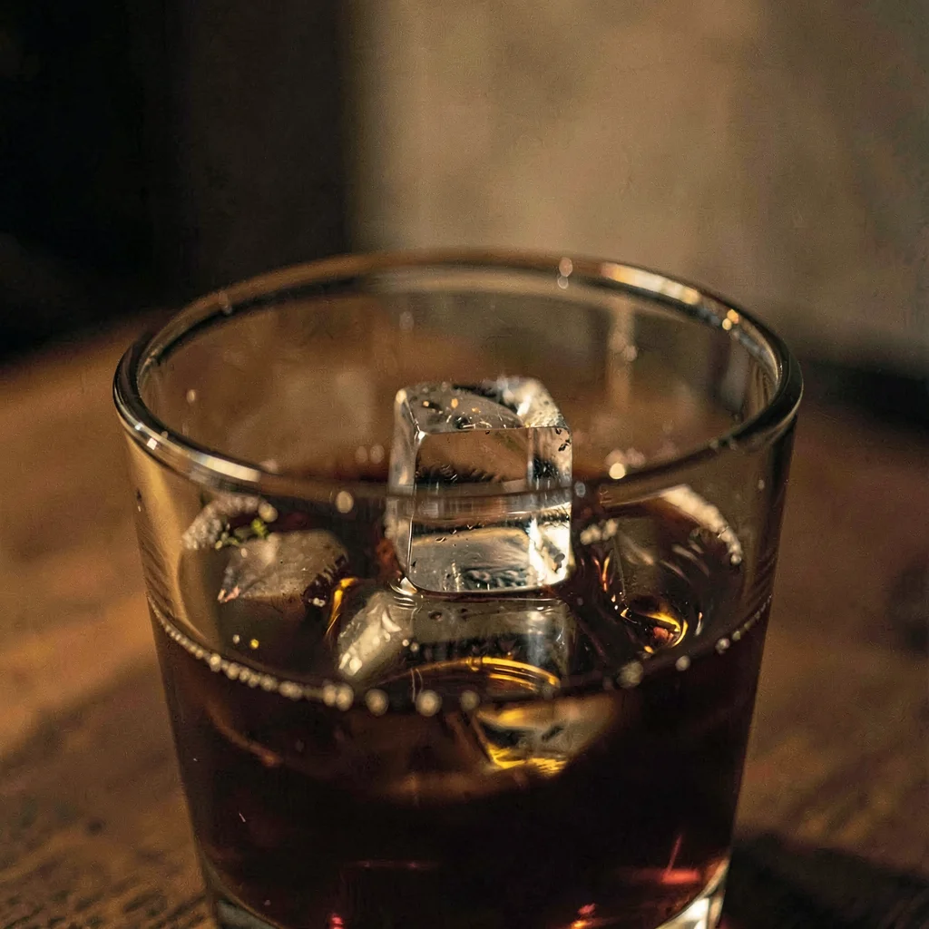 Moody close-up of a single ice cube clinking into a glass, low warm light